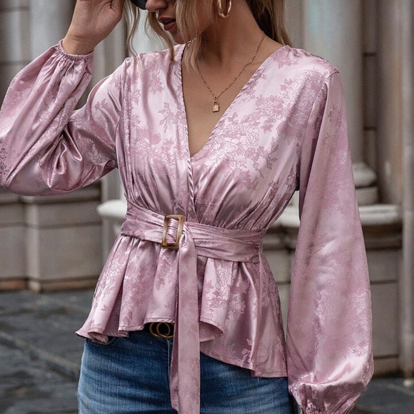 Tops - vneck pink waist tie satin blouse